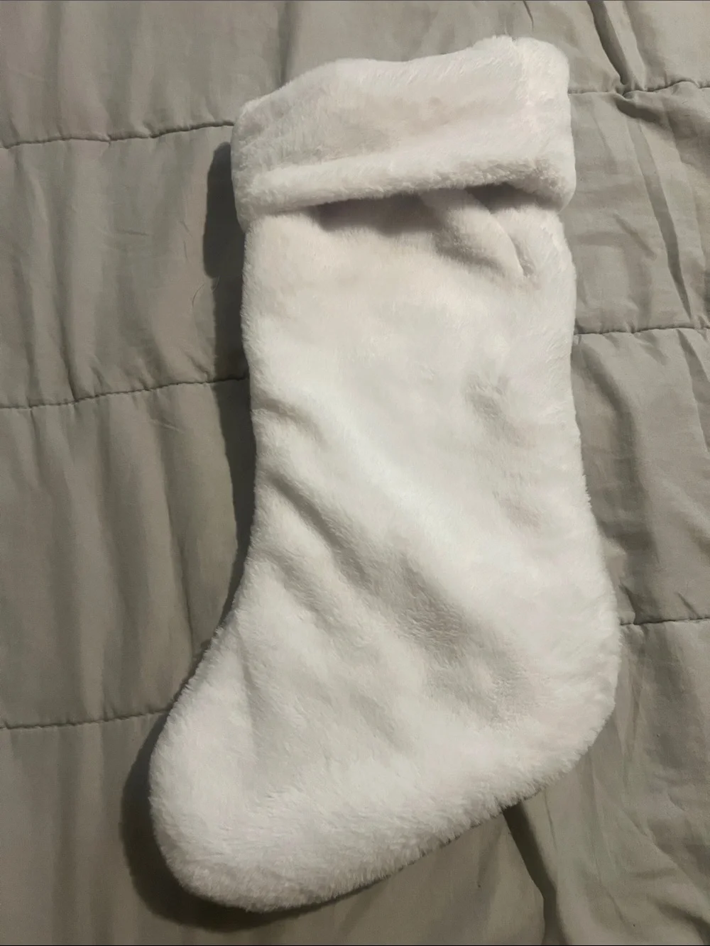 White Plush Holiday Stocking with Silver 'N' Monogram